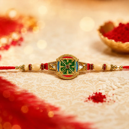 Round Kundan Meenakari Enamel Framed Charm Pearl Bead Rakhi for Brother