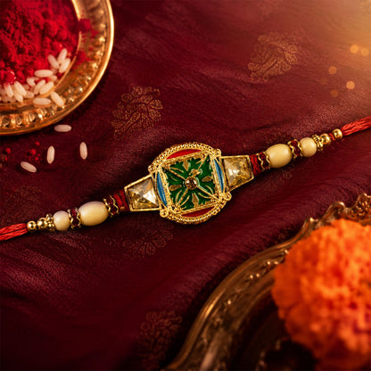 Round Kundan Meenakari Enamel Framed Charm Pearl Bead Rakhi for Brother