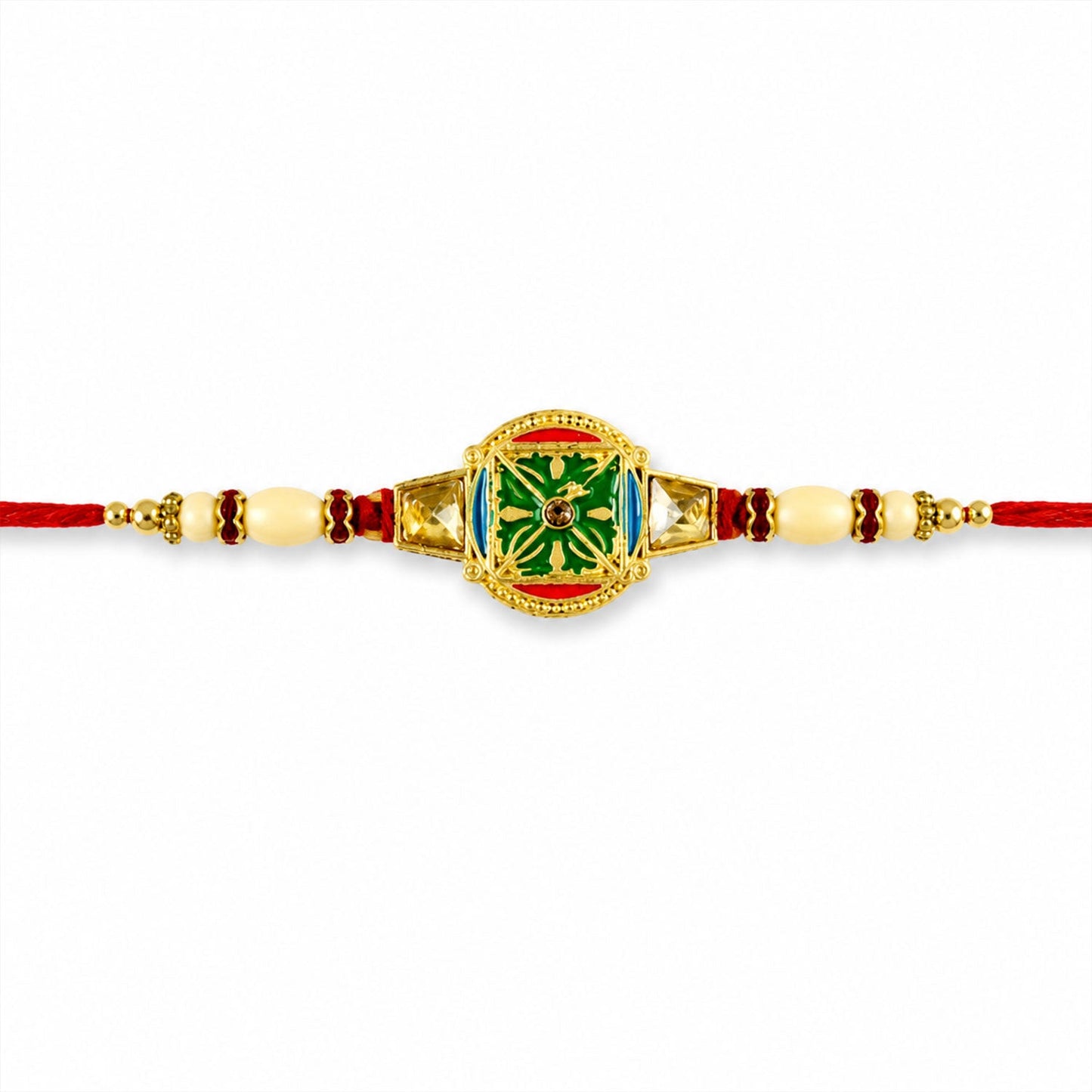 Round Kundan Meenakari Enamel Framed Charm Pearl Bead Rakhi for Brother