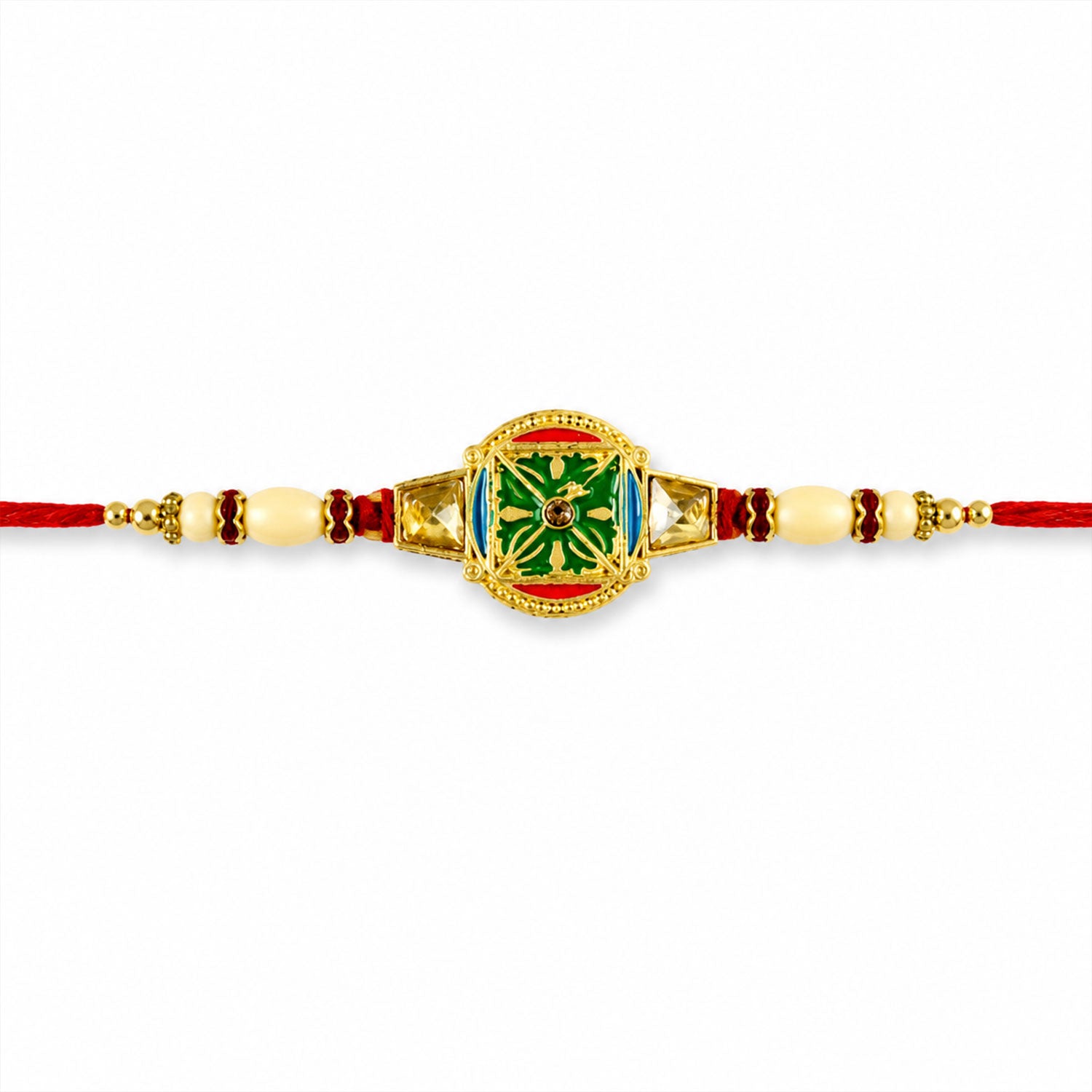 Round Kundan Meenakari Enamel Framed Charm Pearl Bead Rakhi for Brother