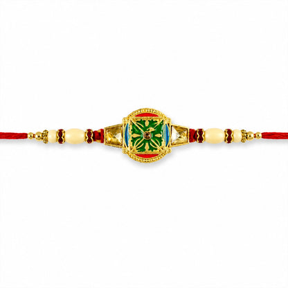 Round Kundan Meenakari Enamel Framed Charm Pearl Bead Rakhi for Brother