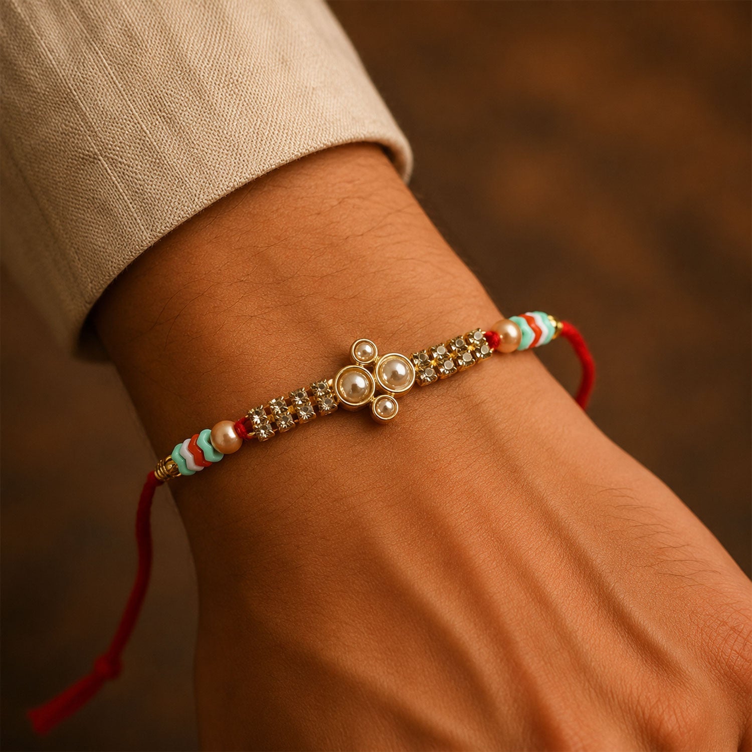 Kundan Pearl Diamond Bead Crystal Fancy Thread Rakhi for Brother