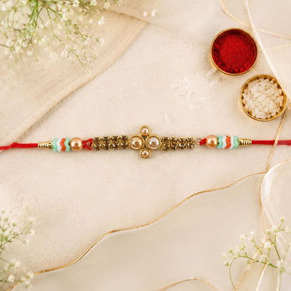 Kundan Pearl Diamond Bead Crystal Fancy Thread Rakhi for Brother