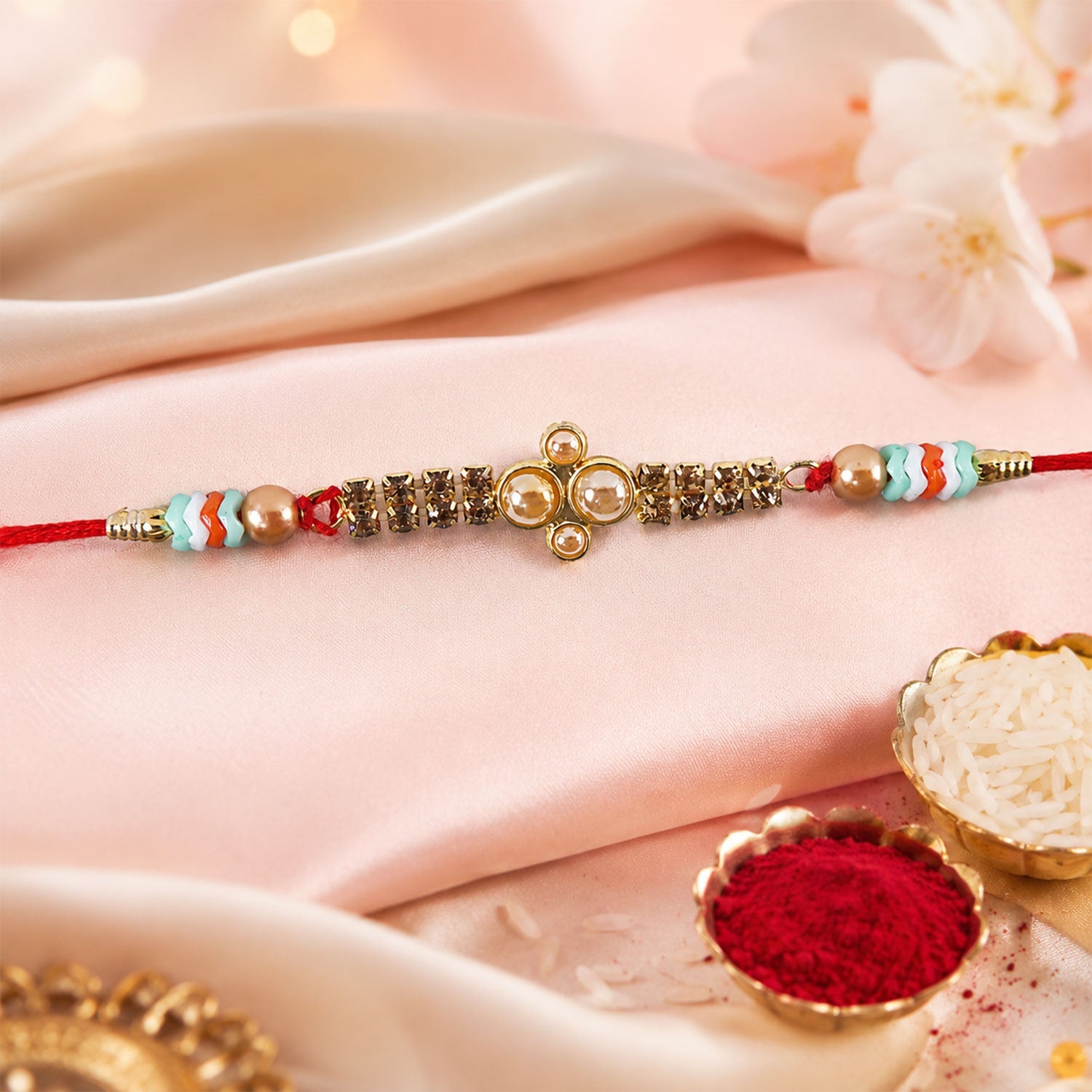 Kundan Pearl Diamond Bead Crystal Fancy Thread Rakhi for Brother