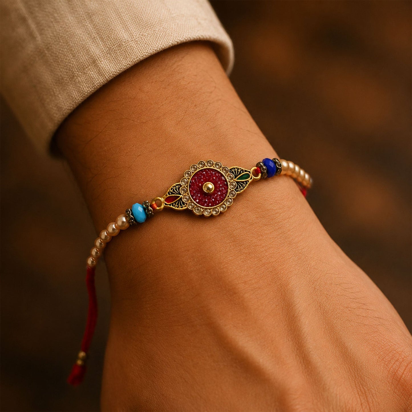 Round Antique Meenakari Enamel Charm Pearl Crystal Bead Rakhi for Brother