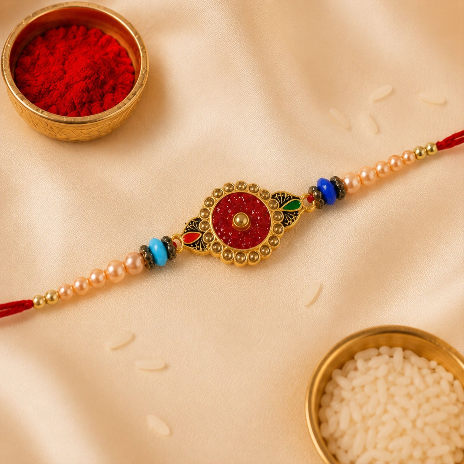 Round Antique Meenakari Enamel Charm Pearl Crystal Bead Rakhi for Brother