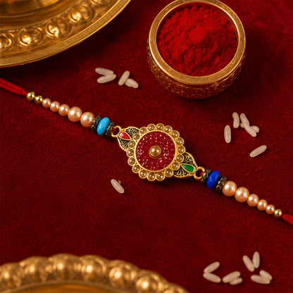 Round Antique Meenakari Enamel Charm Pearl Crystal Bead Rakhi for Brother