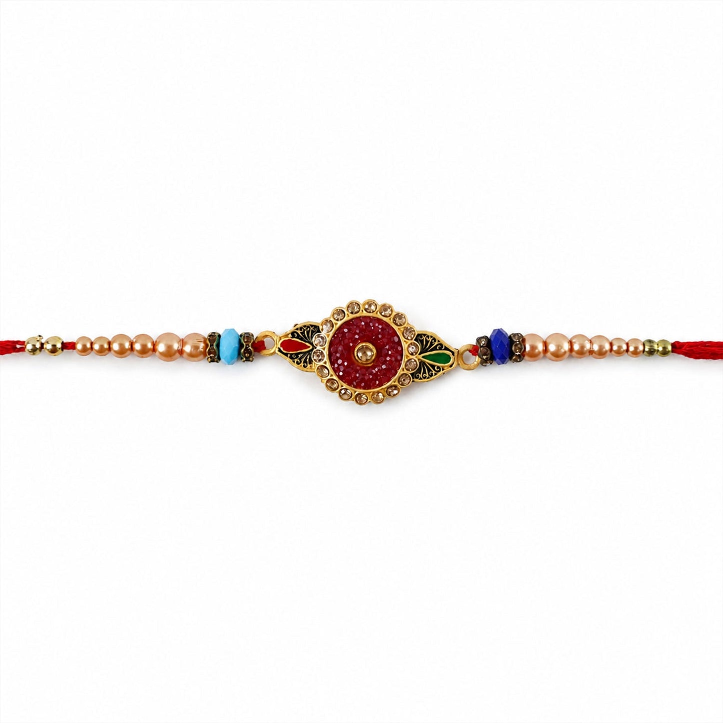 Round Antique Meenakari Enamel Charm Pearl Crystal Bead Rakhi for Brother