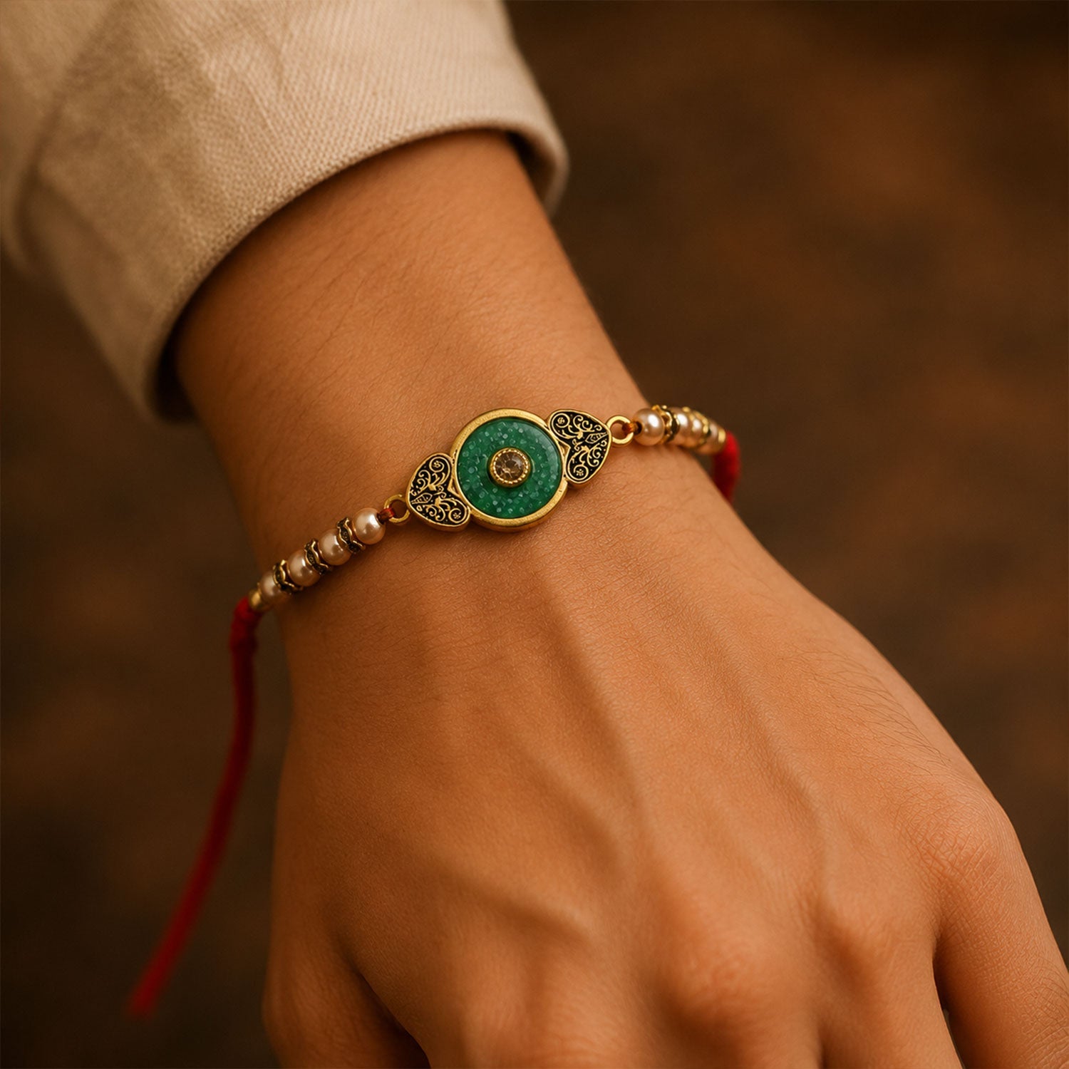 Round Meenakari Enamel Kundan Stone Pearl Bead Thread Rakhi for Brother