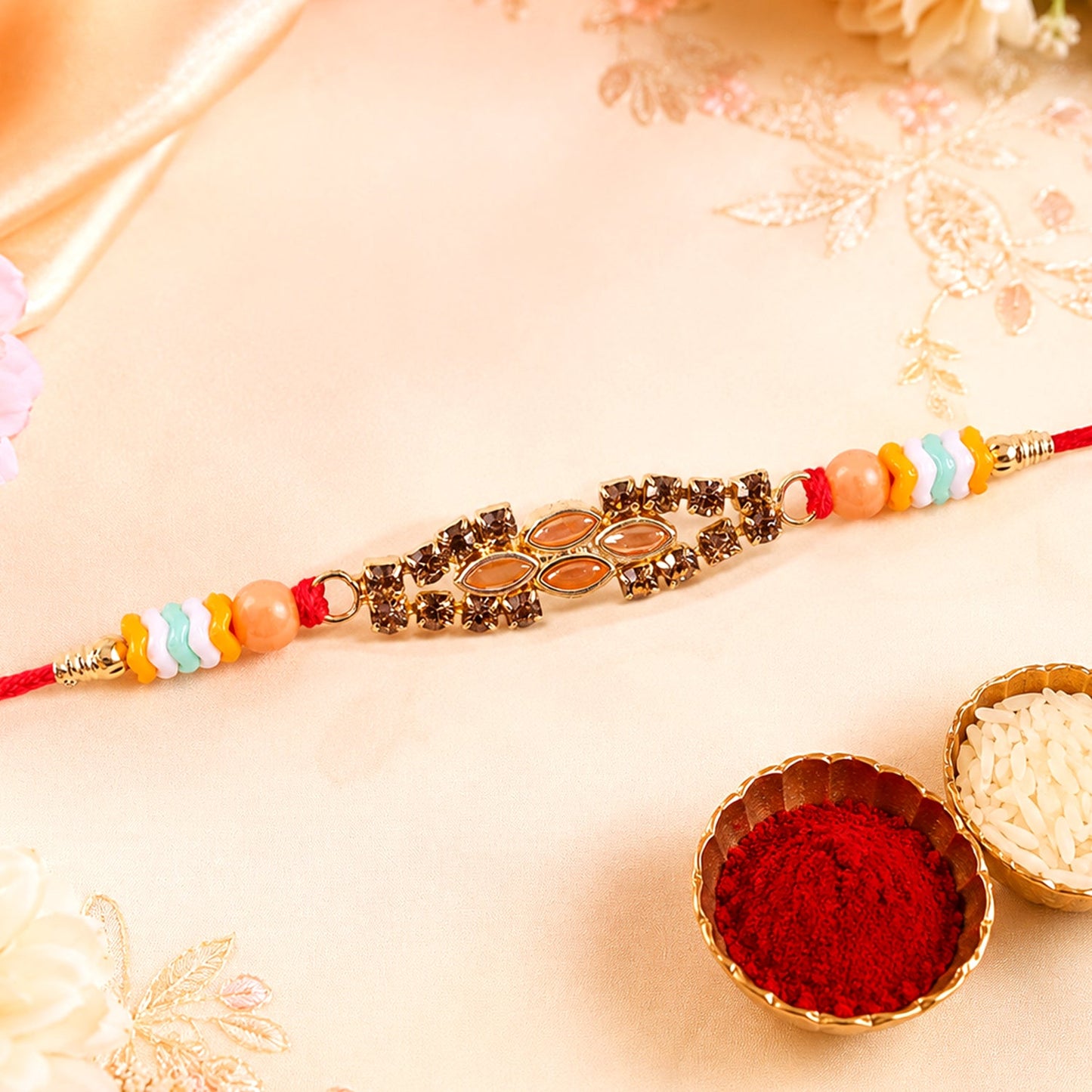Oval Kundan Marquise Stone Crystal Bead Fancy Thread Rakhi for Brother