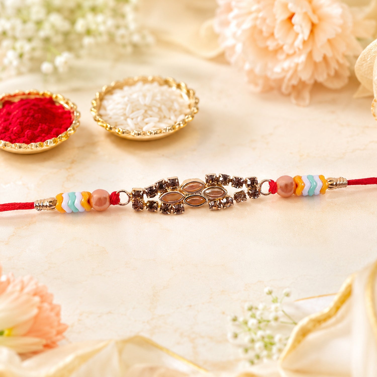 Oval Kundan Marquise Stone Crystal Bead Fancy Thread Rakhi for Brother