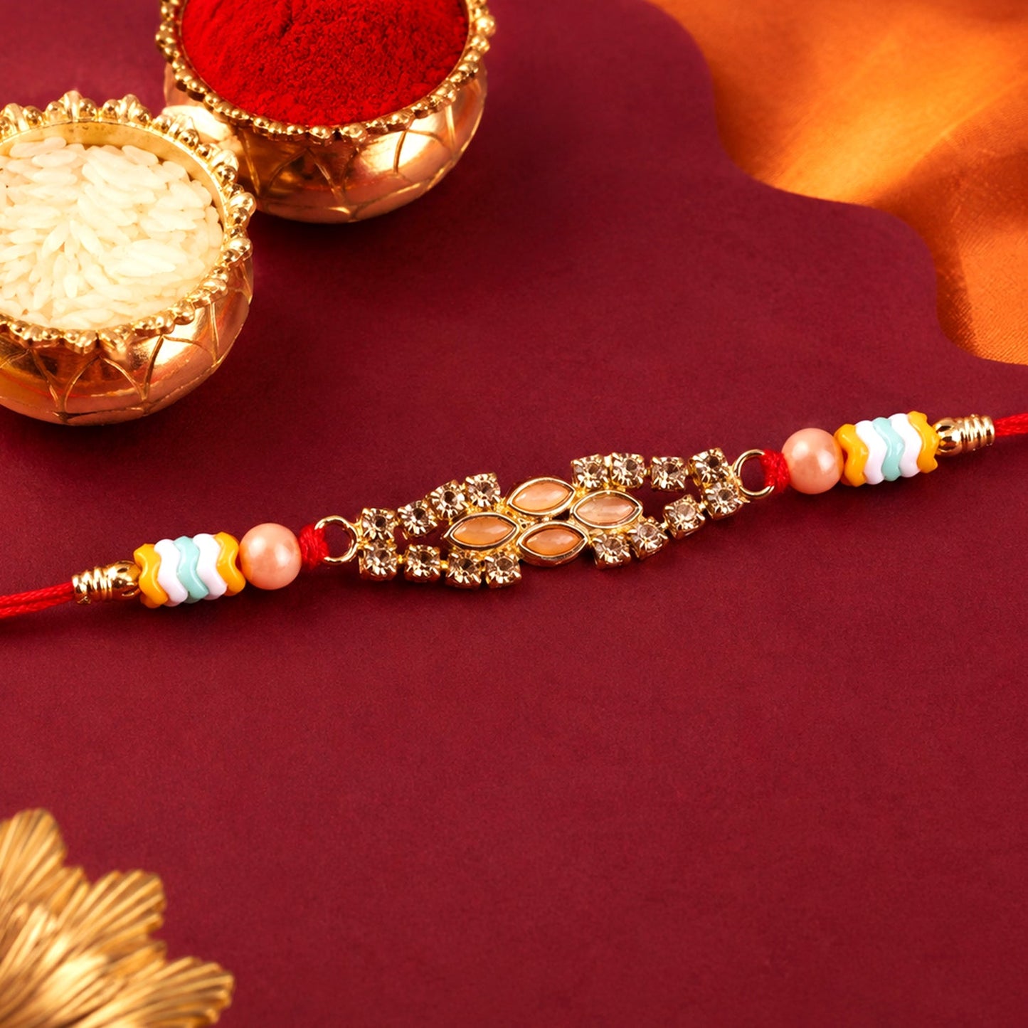 Oval Kundan Marquise Stone Crystal Bead Fancy Thread Rakhi for Brother