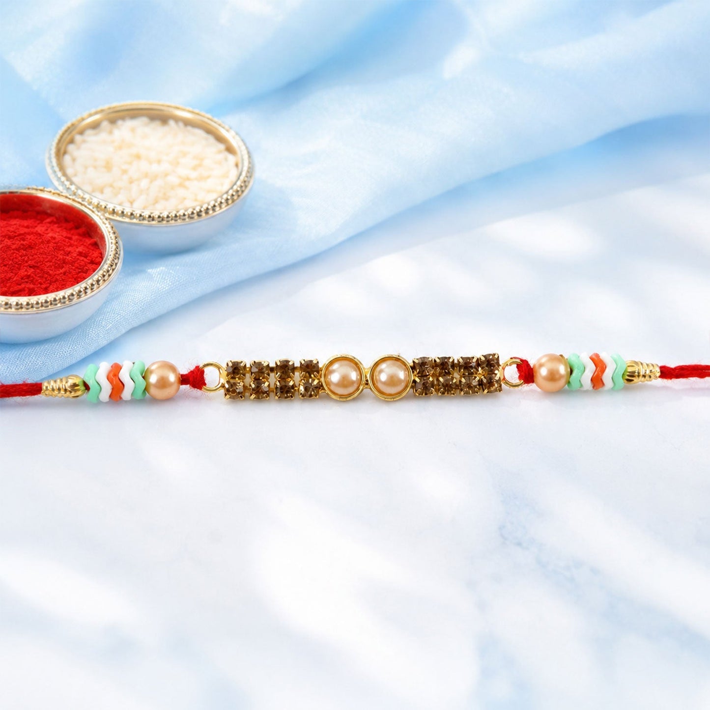 Kundan Pearl Crystal Bead Fancy Decorative Thread Rakhi for Brother