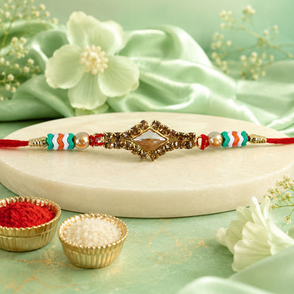 Diamond Kundan Crystal Stone Pearl Bead Fancy Thread Rakhi for Brother