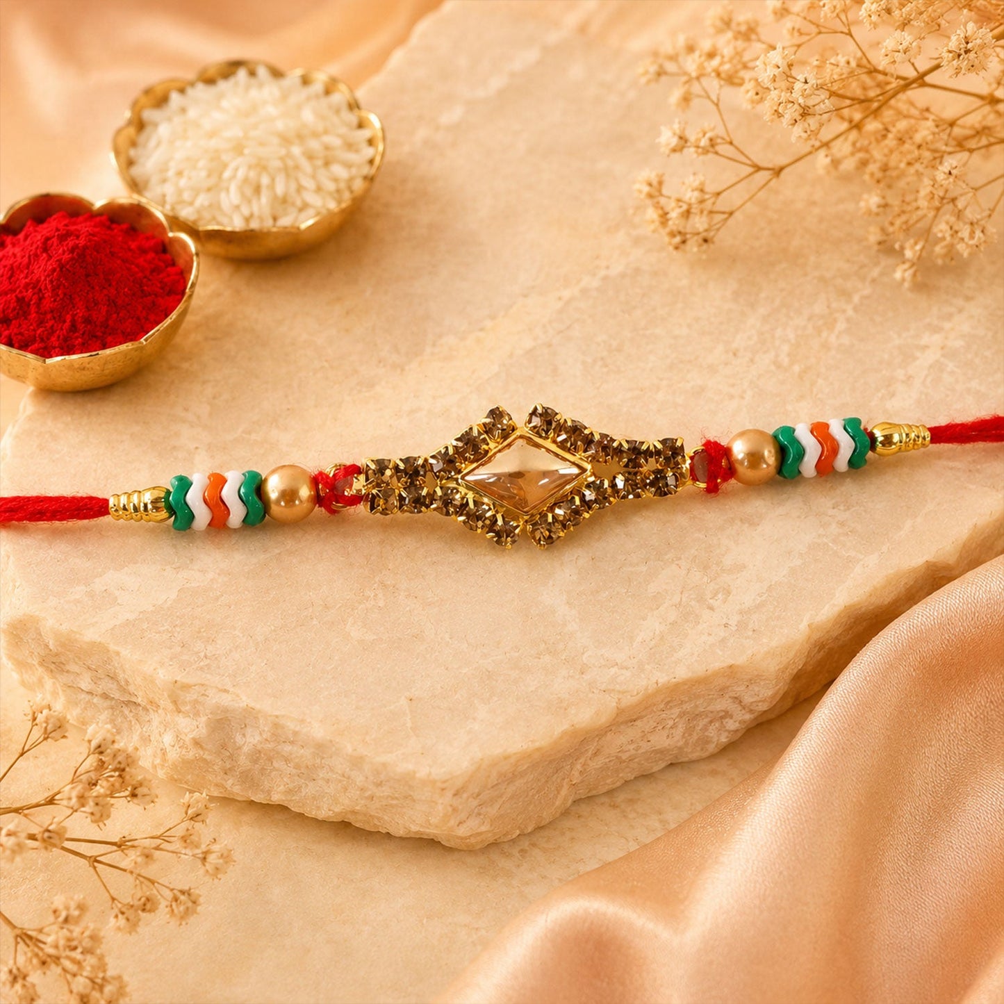 Diamond Kundan Crystal Stone Pearl Bead Fancy Thread Rakhi for Brother