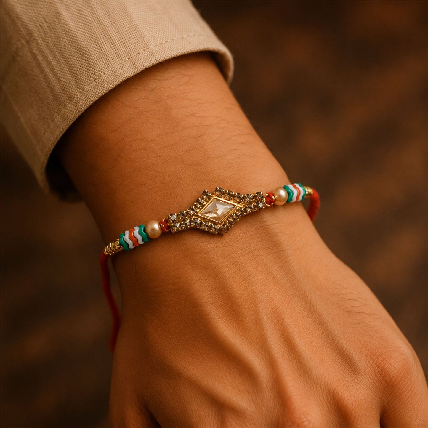 Diamond Kundan Crystal Stone Pearl Bead Fancy Thread Rakhi for Brother