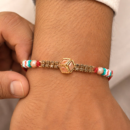 Hexagon Kundan Marquise Stone Crystal Bead Fancy Thread Rakhi for Brother