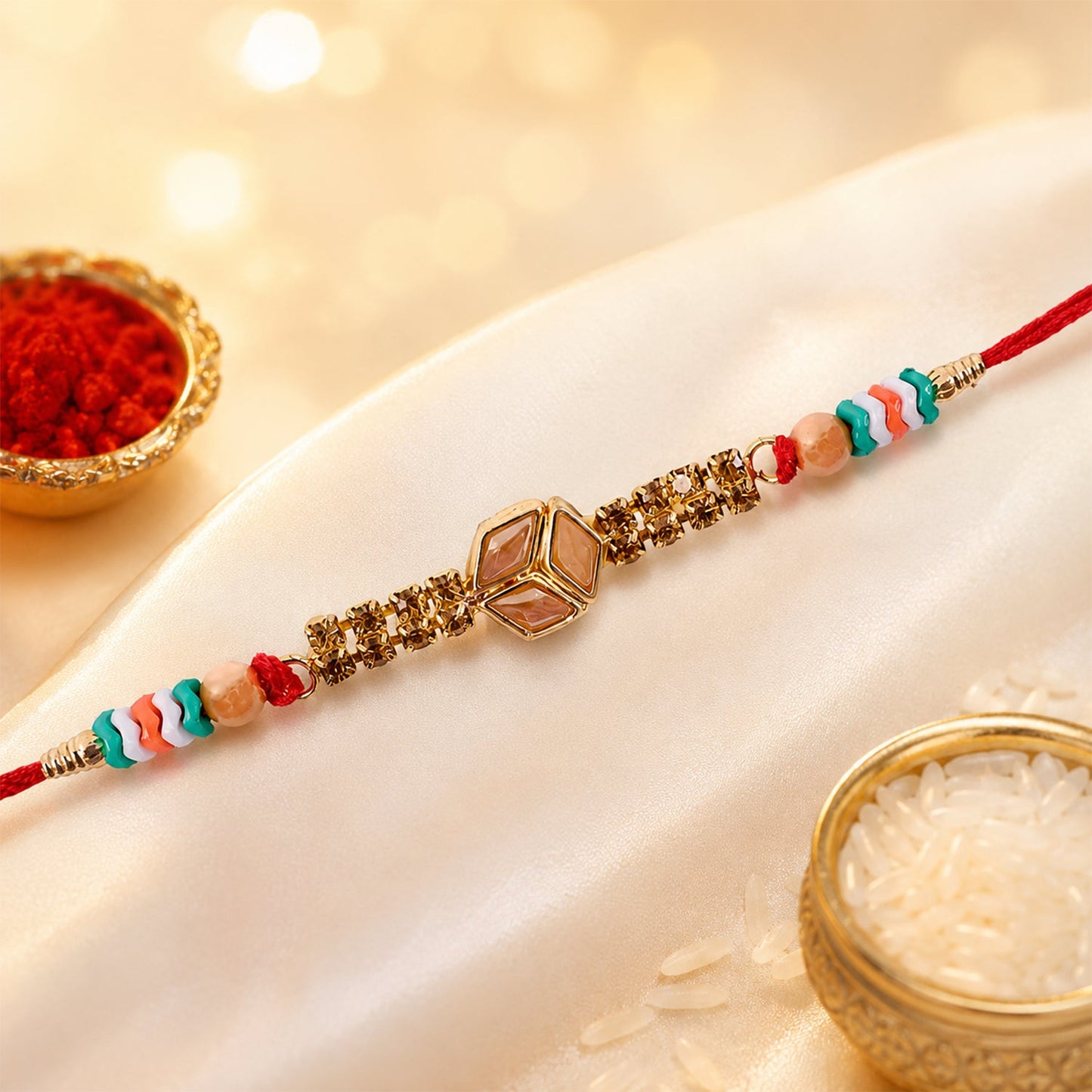 Hexagon Kundan Marquise Stone Crystal Bead Fancy Thread Rakhi for Brother
