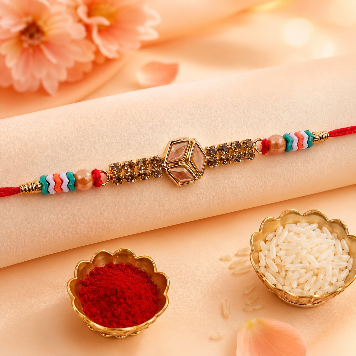 Hexagon Kundan Marquise Stone Crystal Bead Fancy Thread Rakhi for Brother
