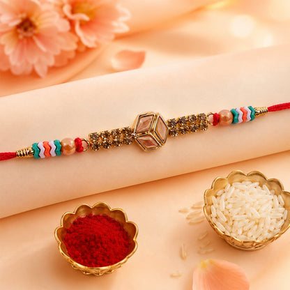 Hexagon Kundan Marquise Stone Crystal Bead Fancy Thread Rakhi for Brother