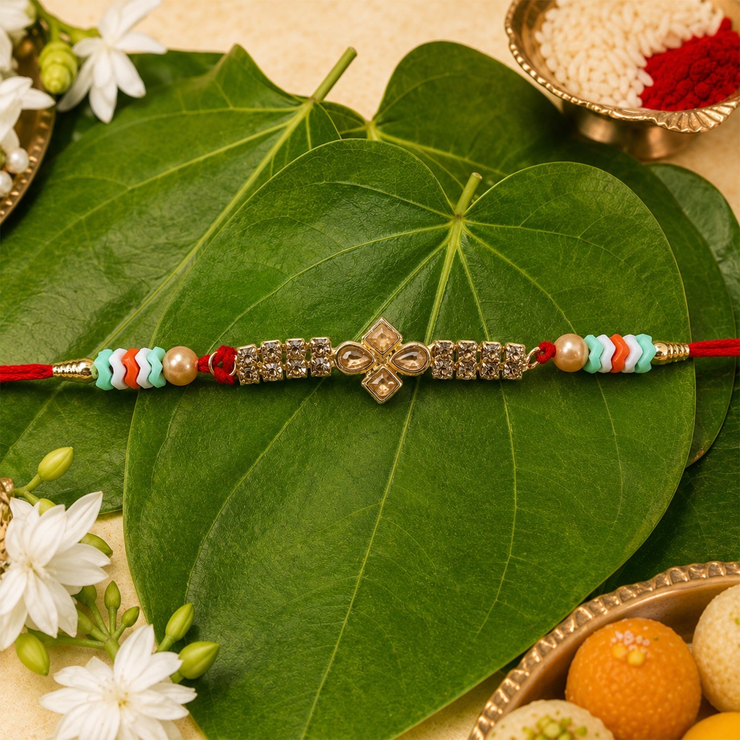 Floral Kundan Crystal Bead Pearl Decorative Fancy Thread Rakhi for Brother