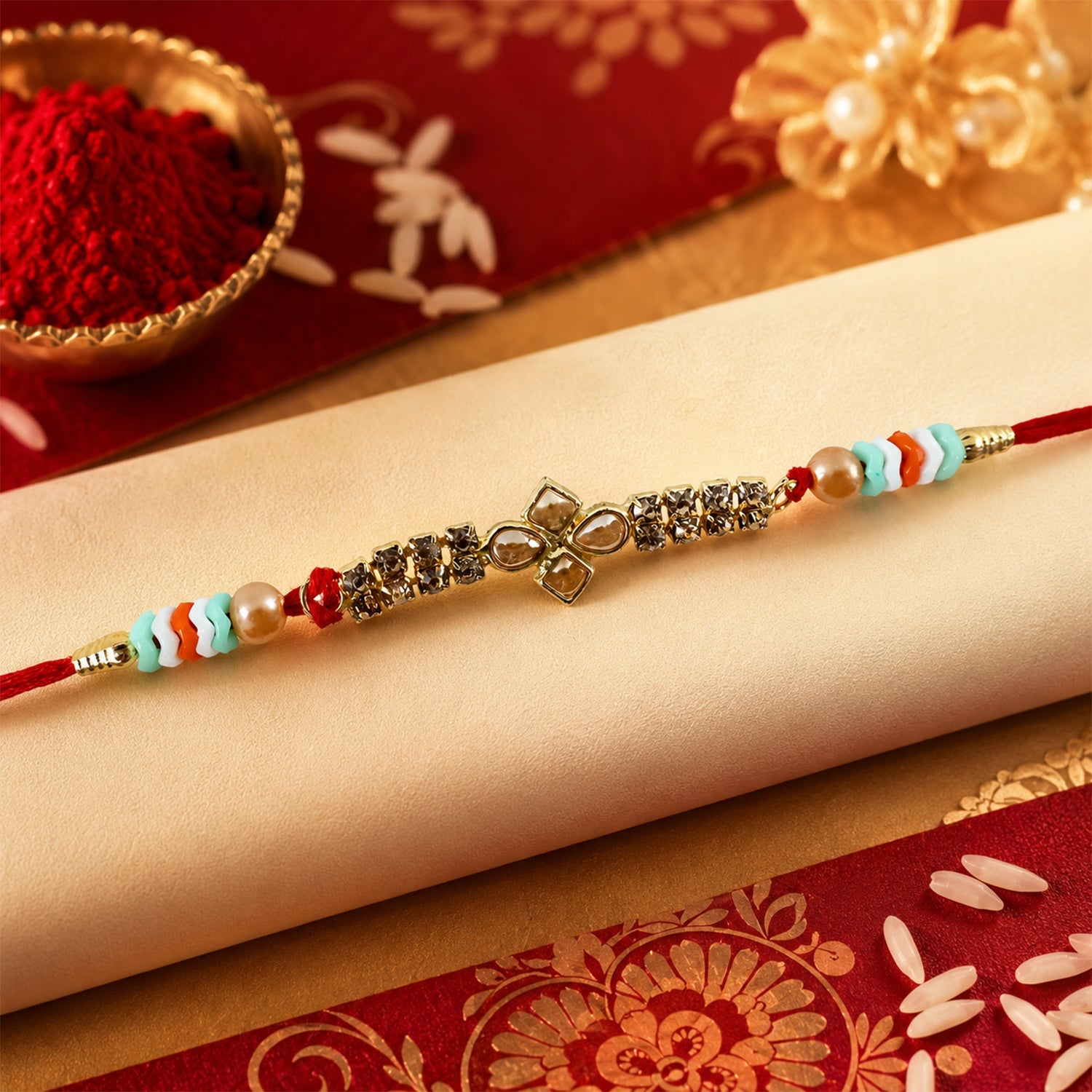 Floral Kundan Crystal Bead Pearl Decorative Fancy Thread Rakhi for Brother