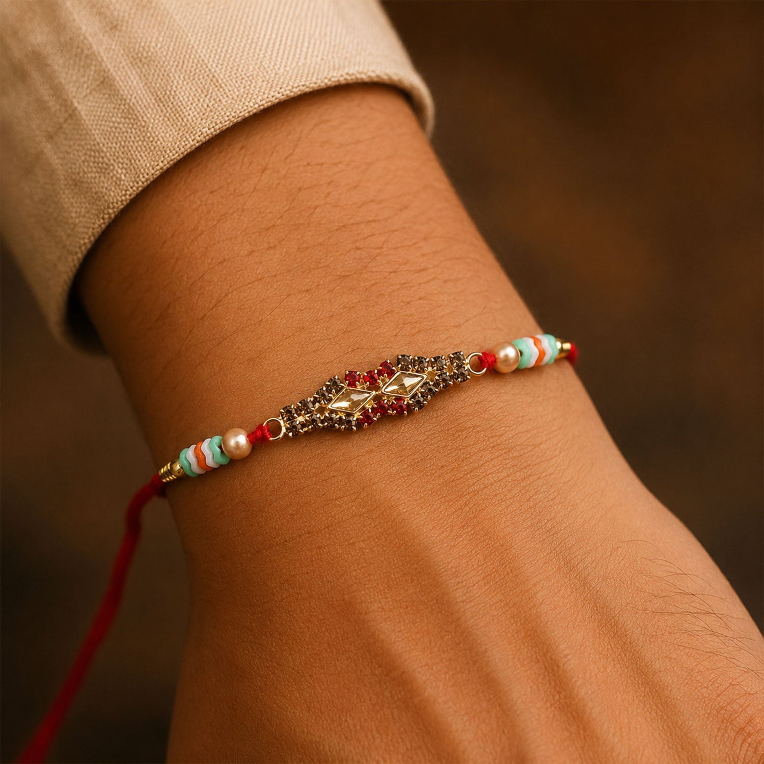 Diamond Kundan Crystal Cluster Pearl Bead Fancy Thread Rakhi for Brother