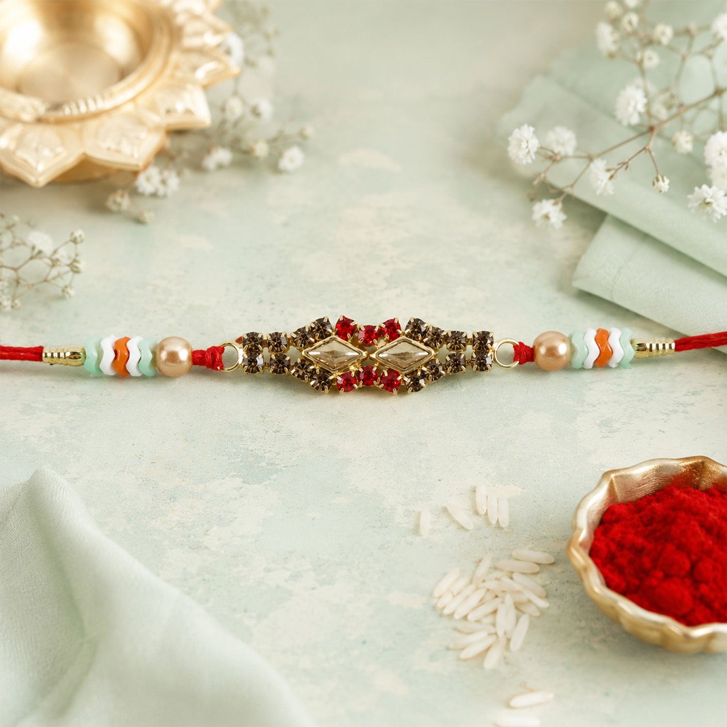 Diamond Kundan Crystal Cluster Pearl Bead Fancy Thread Rakhi for Brother