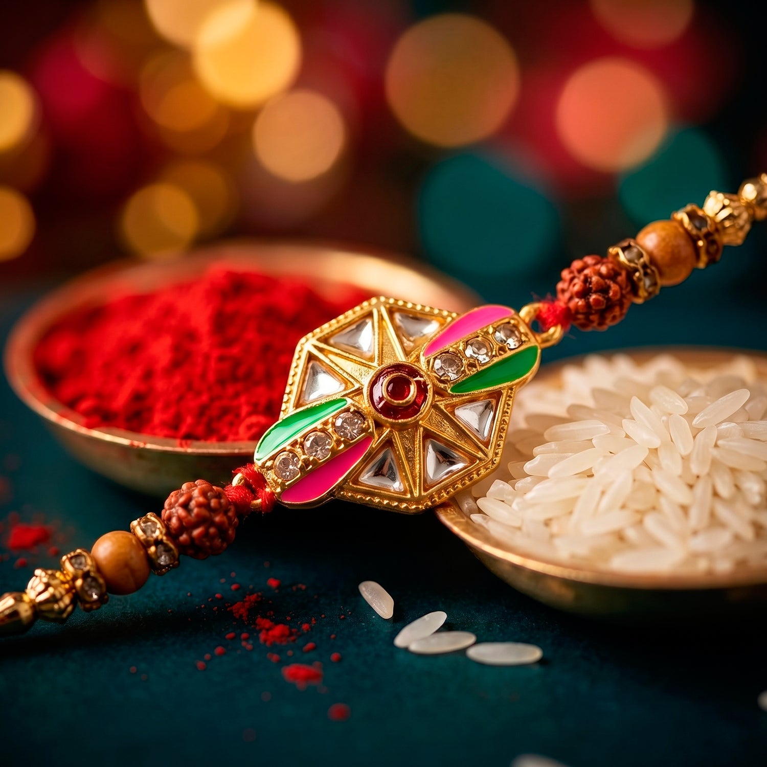 Hexagon Kundan Meenakari Enamel Rudraksha Bead Thread Rakhi for Brother
