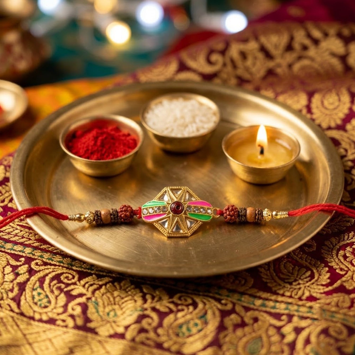 Hexagon Kundan Meenakari Enamel Rudraksha Bead Thread Rakhi for Brother