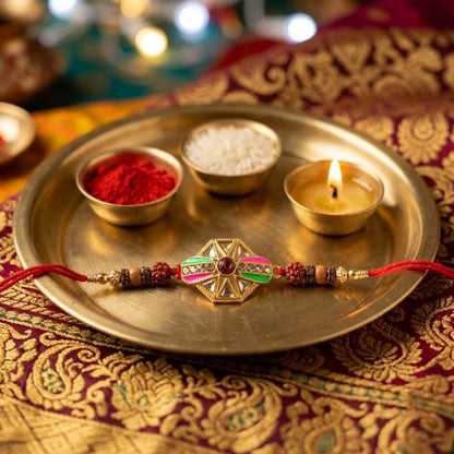 Hexagon Kundan Meenakari Enamel Rudraksha Bead Thread Rakhi for Brother