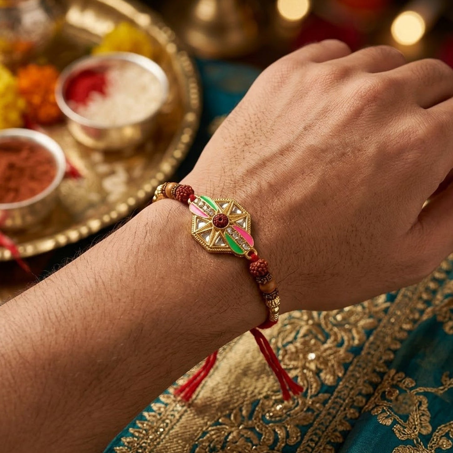 Hexagon Kundan Meenakari Enamel Rudraksha Bead Thread Rakhi for Brother