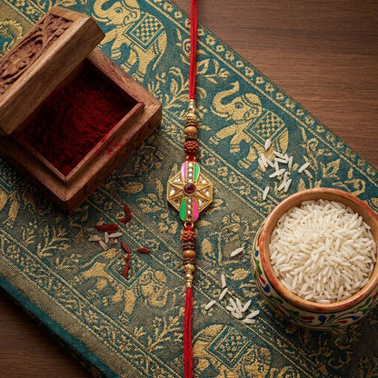 Hexagon Kundan Meenakari Enamel Rudraksha Bead Thread Rakhi for Brother