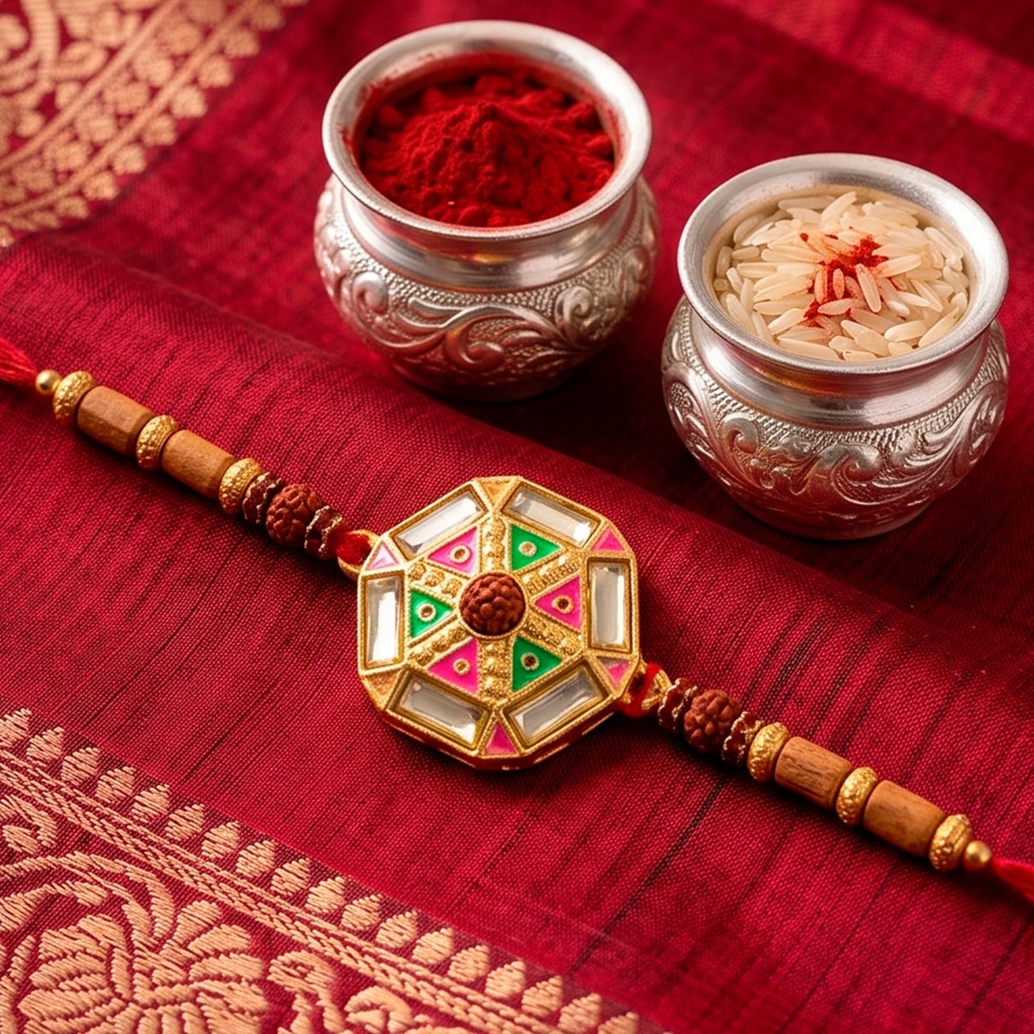 Round Floral Kundan Meenakari Enamel Rudraksha Wood Bead Thread Rakhi for Brother