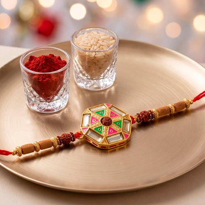 Round Floral Kundan Meenakari Enamel Rudraksha Wood Bead Thread Rakhi for Brother