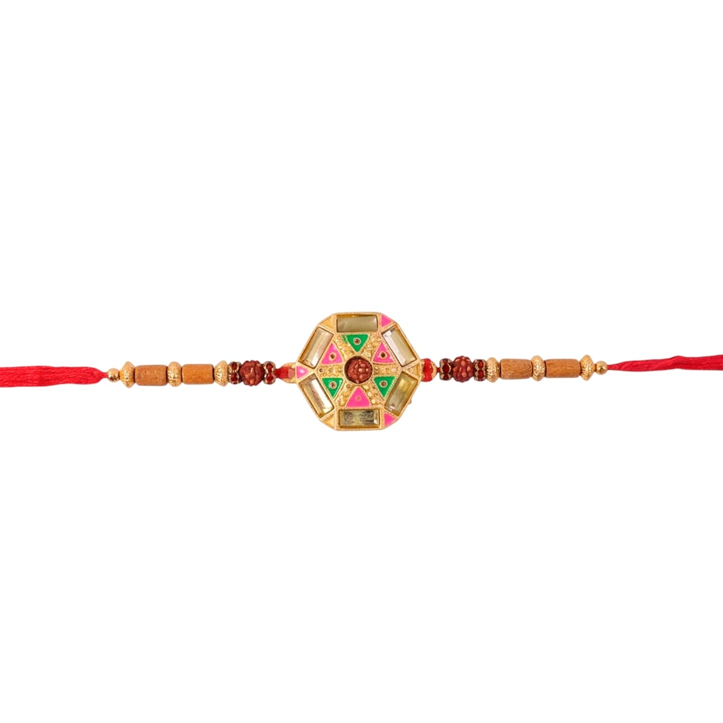Round Floral Kundan Meenakari Enamel Rudraksha Wood Bead Thread Rakhi for Brother