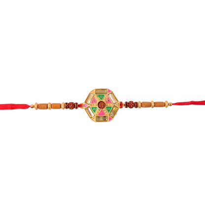 Round Floral Kundan Meenakari Enamel Rudraksha Wood Bead Thread Rakhi for Brother