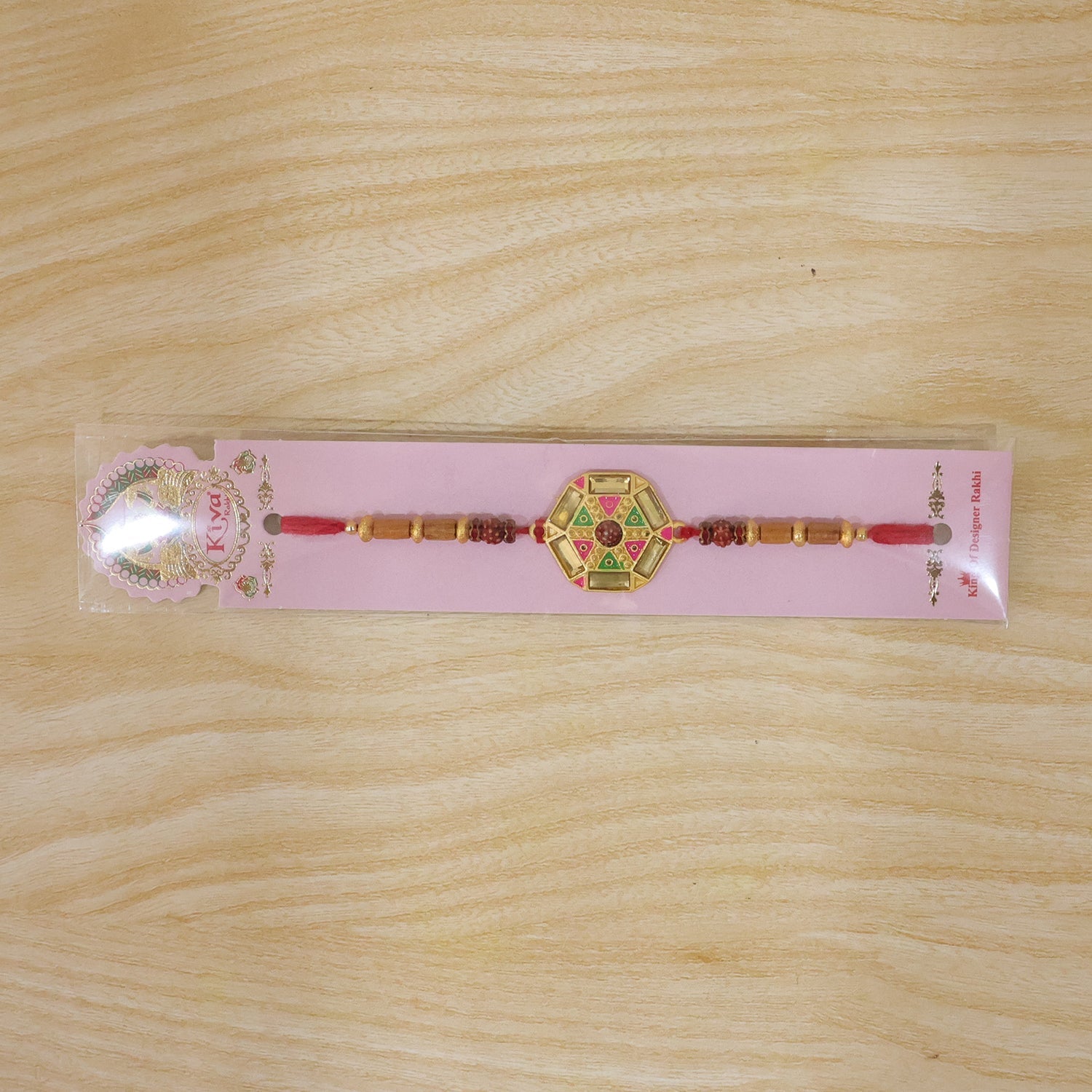 Round Floral Kundan Meenakari Enamel Rudraksha Wood Bead Thread Rakhi for Brother