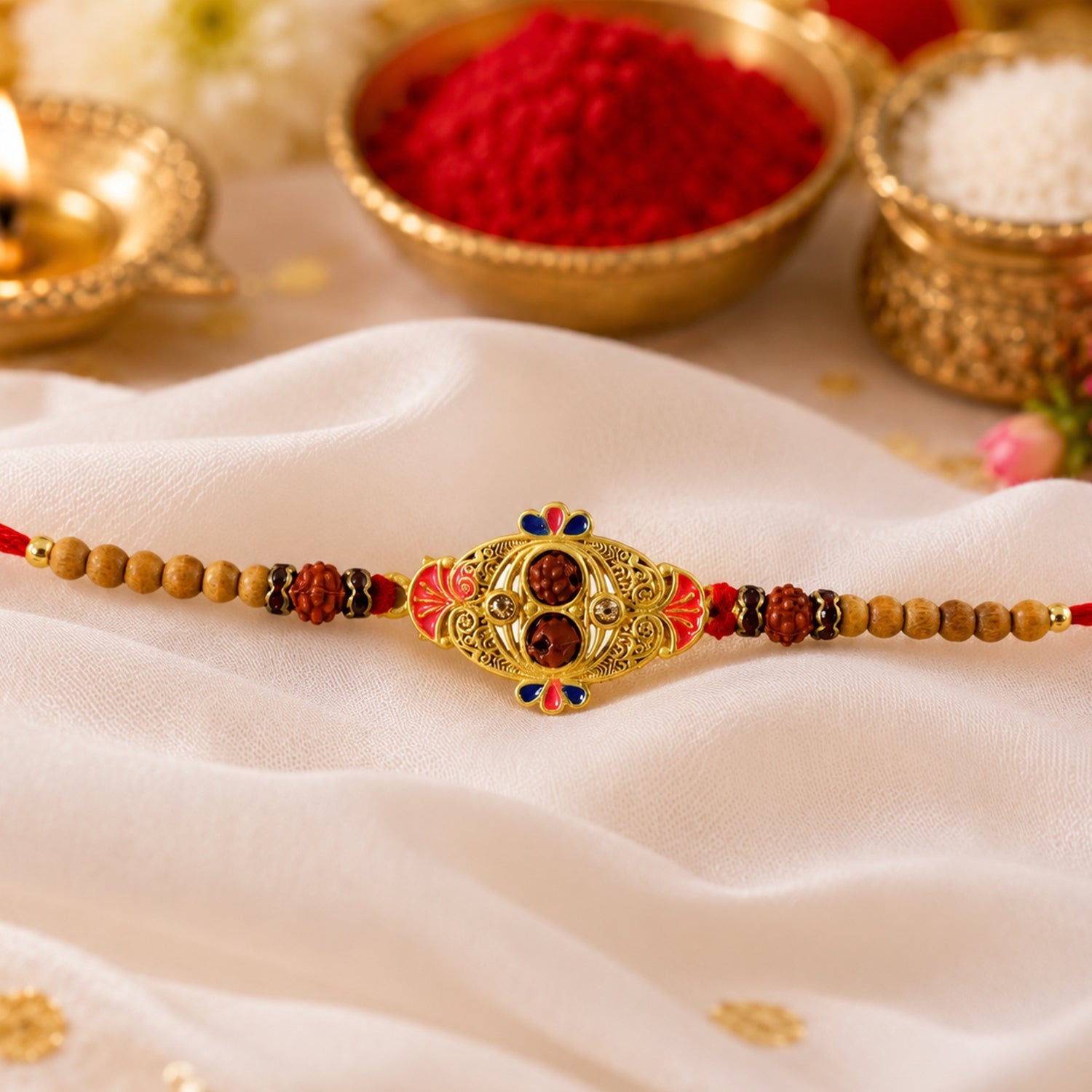 Oval Meenakari Rudraksha Bead Enamel Charm Thread Rakhi for Brother