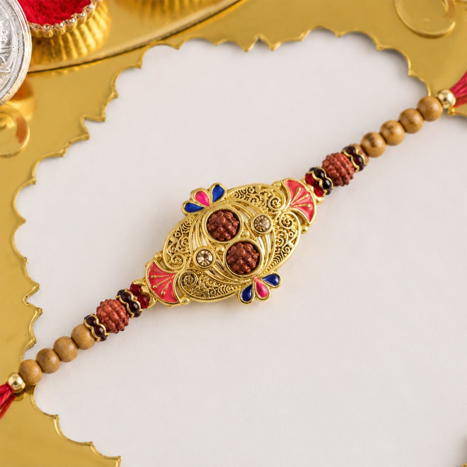 Oval Meenakari Rudraksha Bead Enamel Charm Thread Rakhi for Brother