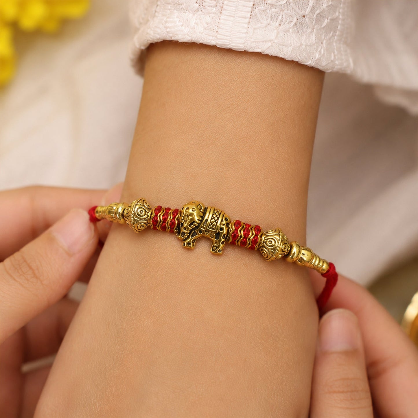 Elephant Antique Charm Crystal Bead Fancy Thread Rakhi for Brother