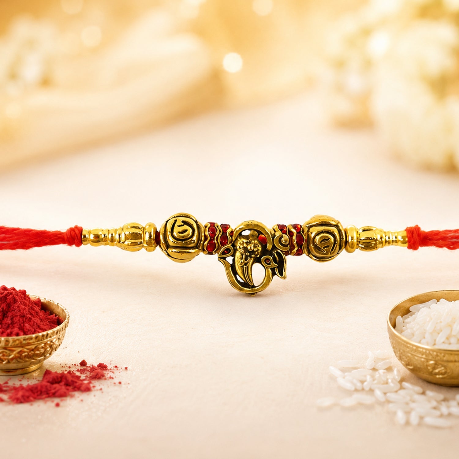 Lord Ganesha Om Antique Charm Round Bead Fancy Thread Rakhi for Brother