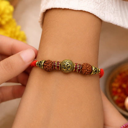Om Symbol Rudraksha Antique Bead Crystal Fancy Thread Rakhi for Brother