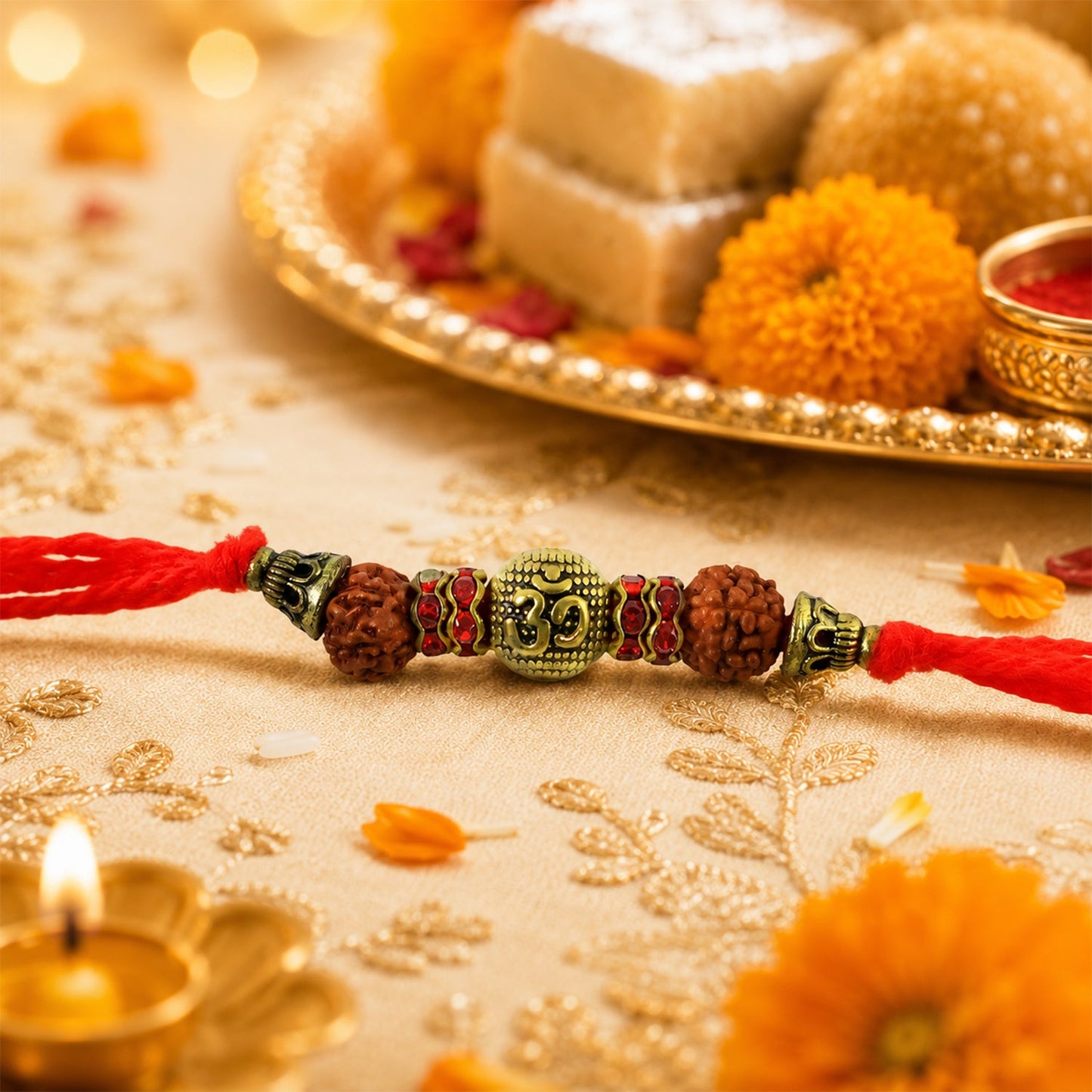 Om Symbol Rudraksha Antique Bead Crystal Fancy Thread Rakhi for Brother