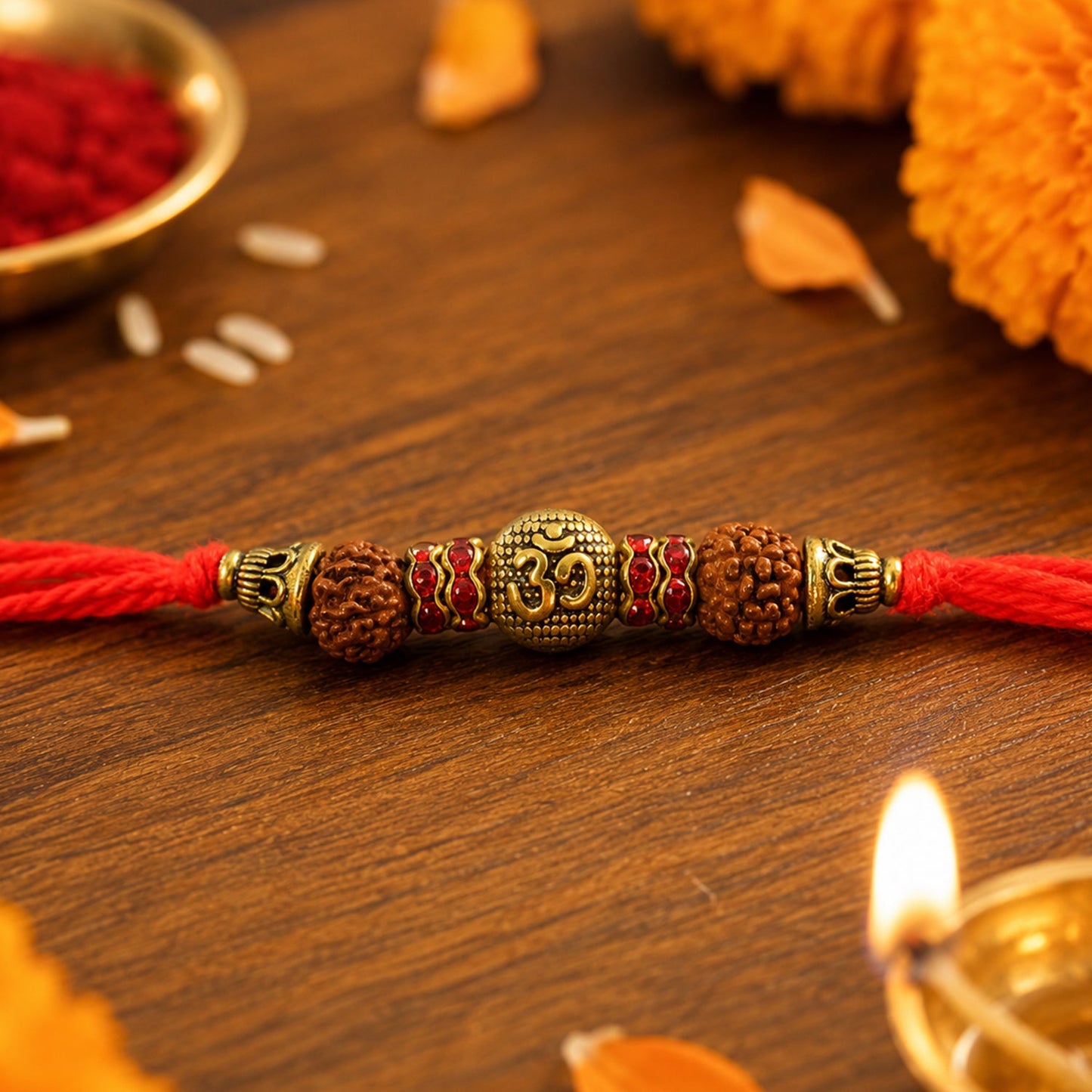 Om Symbol Rudraksha Antique Bead Crystal Fancy Thread Rakhi for Brother