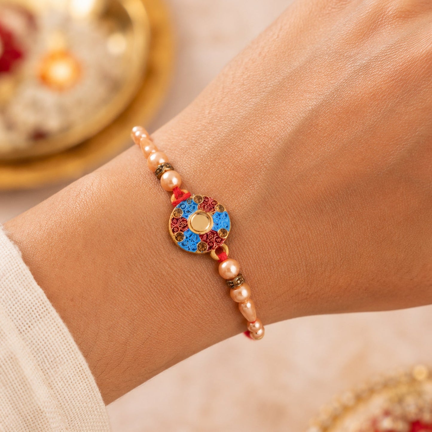 Round Meenakari Enamel Kundan Pearl Bead Fancy Thread Rakhi for Brother