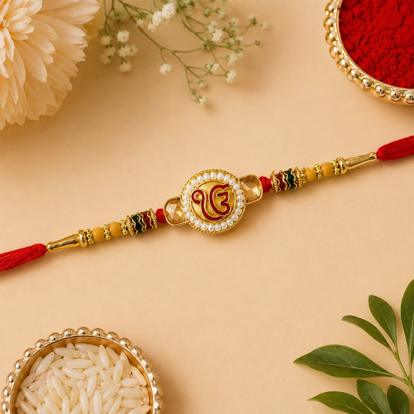 Ik Onkar Sikh Symbol Kundan Pearl Bead Fancy Thread Rakhi for Brother