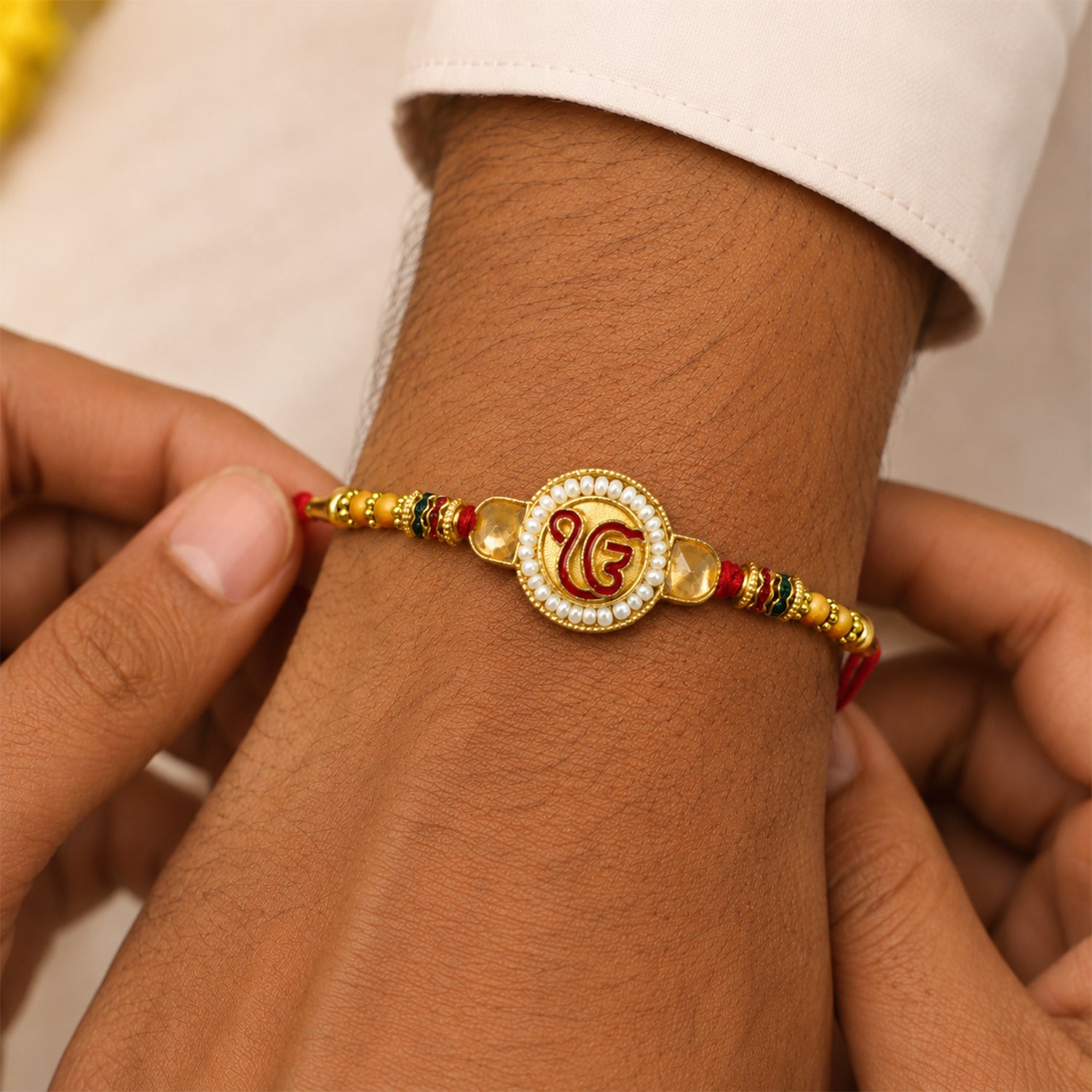 Ik Onkar Sikh Symbol Kundan Pearl Bead Fancy Thread Rakhi for Brother
