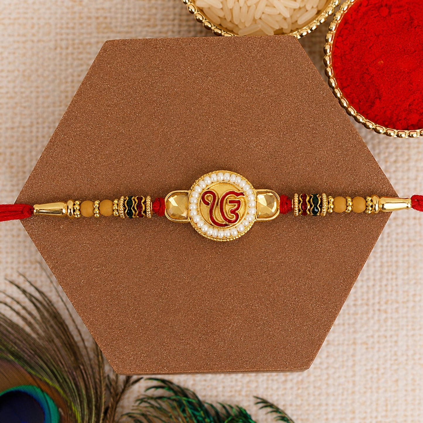 Ik Onkar Sikh Symbol Kundan Pearl Bead Fancy Thread Rakhi for Brother