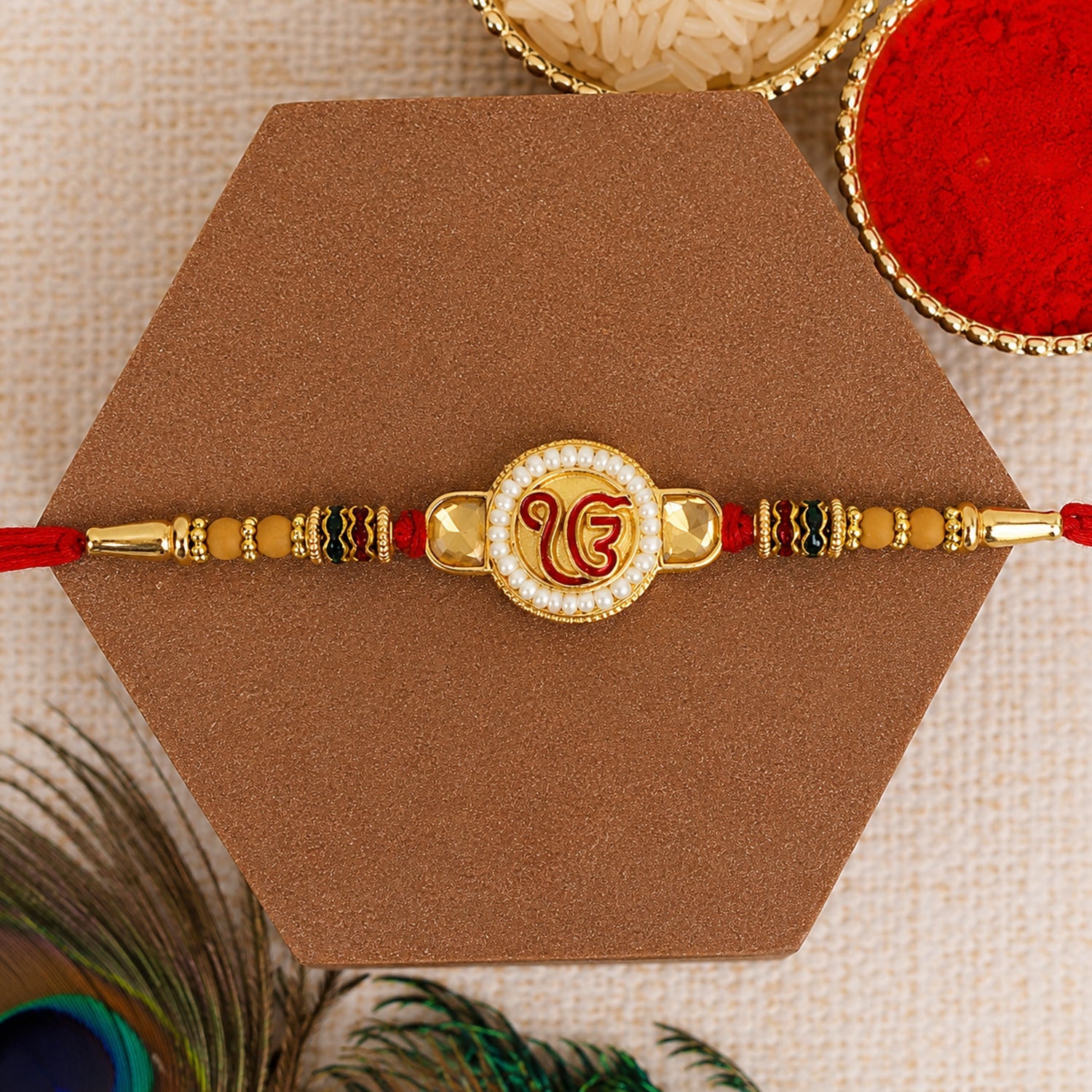 Ik Onkar Sikh Symbol Kundan Pearl Bead Fancy Thread Rakhi for Brother
